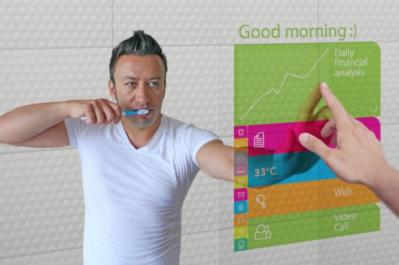 Pilkington MirroView™ – więcej niż lustro BIZNES, Gospodarka - NSG Group wprowadza na rynek Pilkington MirroView™ – nowy typ szkła pokrytego lustrzaną powłoką, które pozwala na budowanie interaktywnych luster ukrywających cyfrowy nośnik informacji.